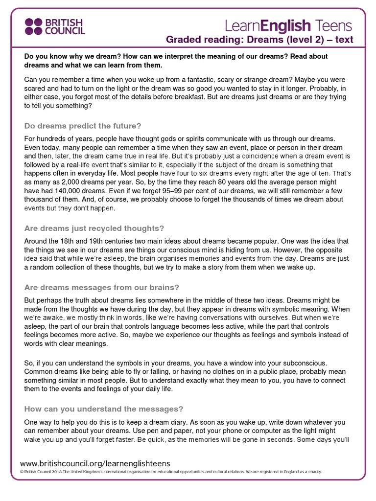 Reading For Elementary D About Dreams | PDF | Dream | Cognitive Science