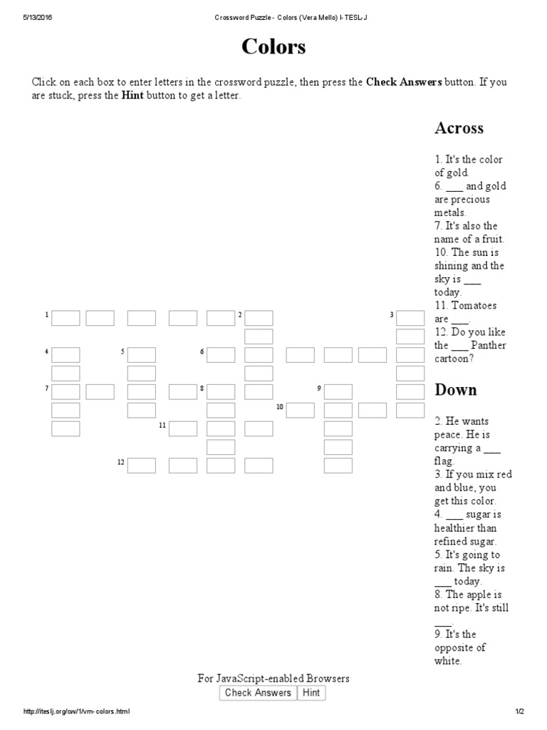 Crossword Puzzle - Colors (Vera Mello) I-TESL-J PDF | PDF | Word ...