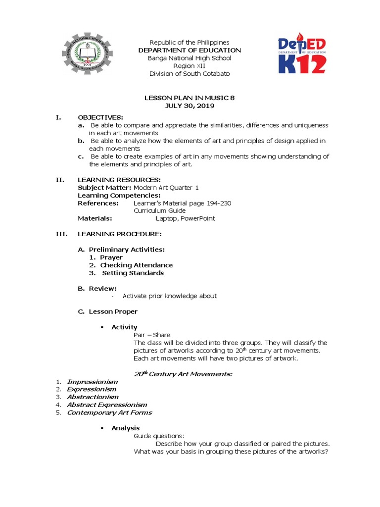 Lesson Plan in Arts 10 PDF Abstract Art Lesson Plan