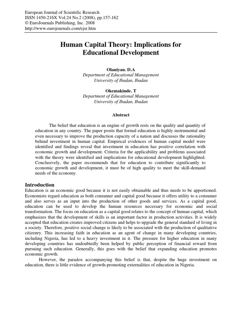 Human Capital Theory Implication For Education Development | PDF
