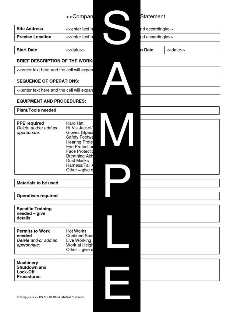 S A M P L E Method Statement PDF Personal Protective Equipment