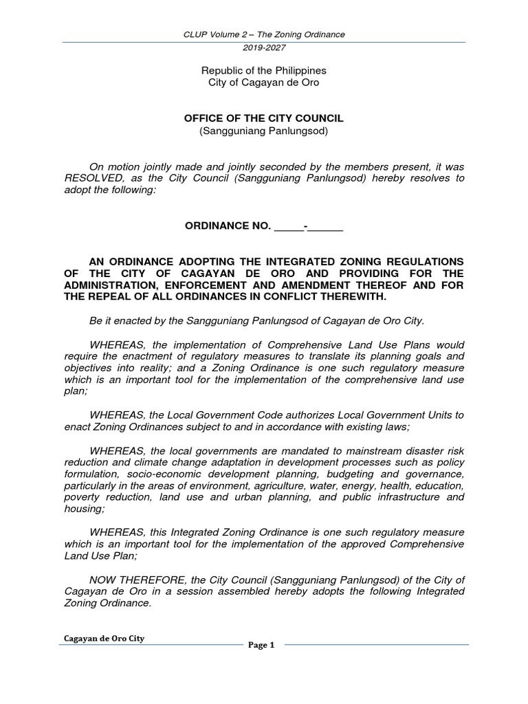Cagayan de Oro Integrated Zoning Ordinance | PDF | Zoning | Building Code