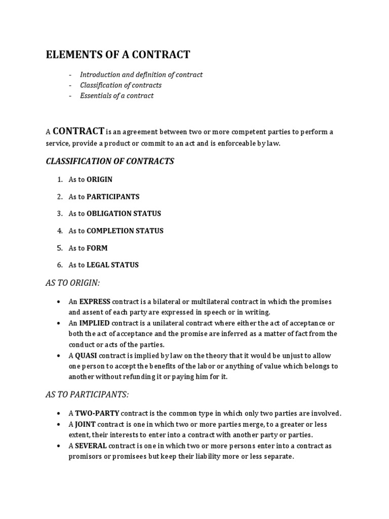 ELEMENTS OF A CONTRACT - Word | PDF | Contract Law | Comparative Law