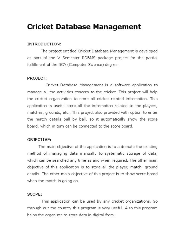 Cricket Database Management System | PDF | Databases | Oracle Database