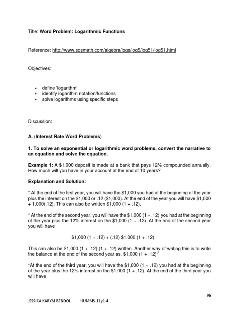 Word Problem Logarithmic Functions BENDOL Humss 11y1 4 v1 1 PDF Logarithm Interest