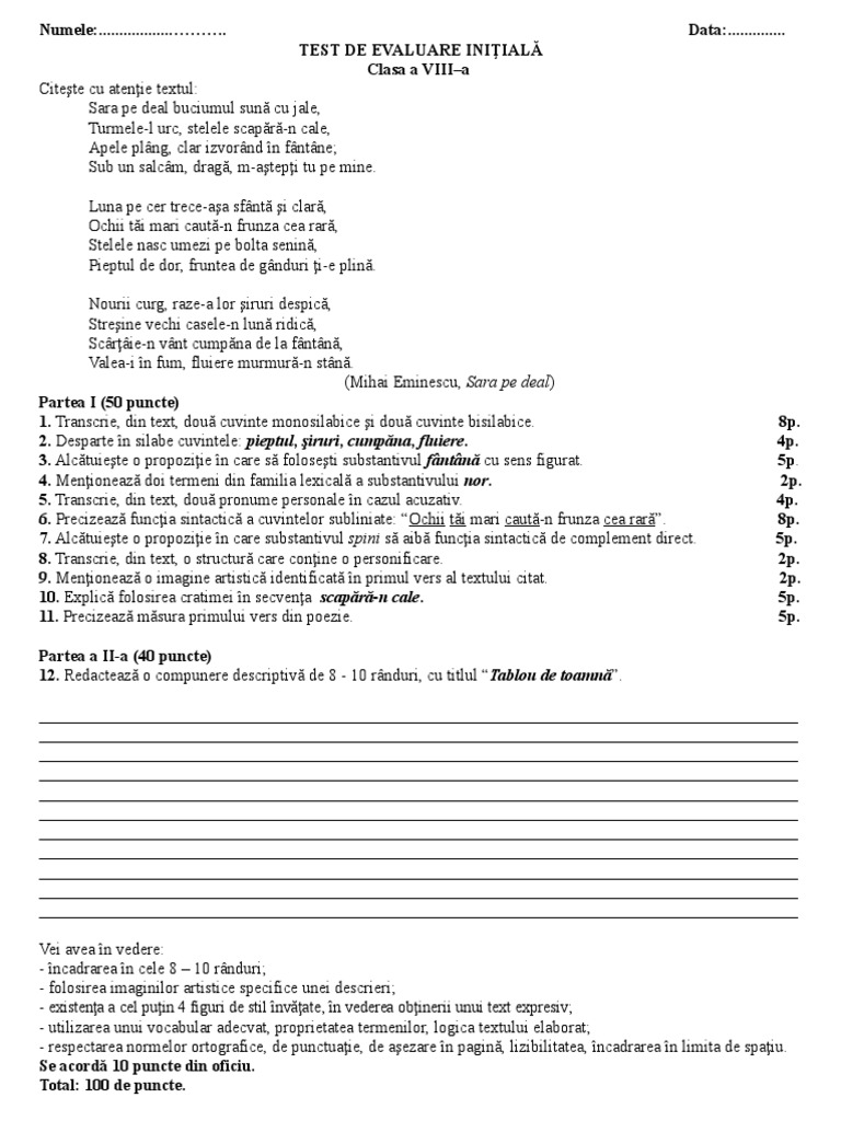 3 Test Initial Clasa A Viiia | PDF