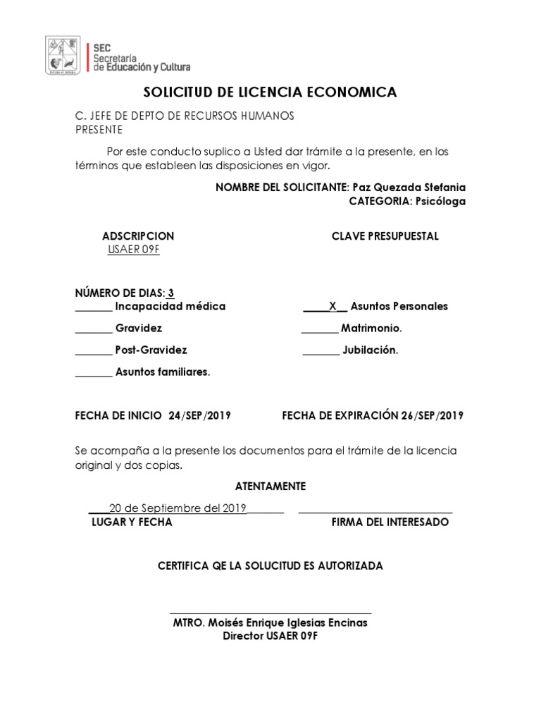 formato para permiso economico sec sonora