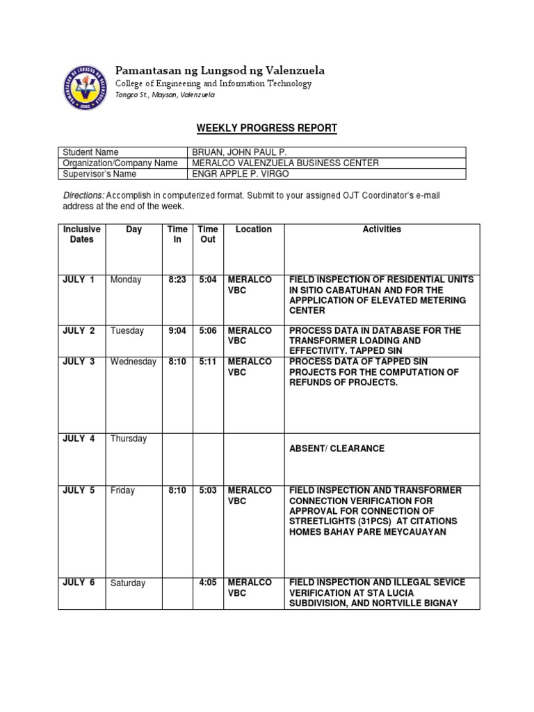 Ojt Weekly Progress Report 8 Mer | PDF | Technology & Engineering
