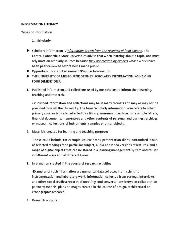 Information Literacy Types of Information 1. Scholarly | PDF ...