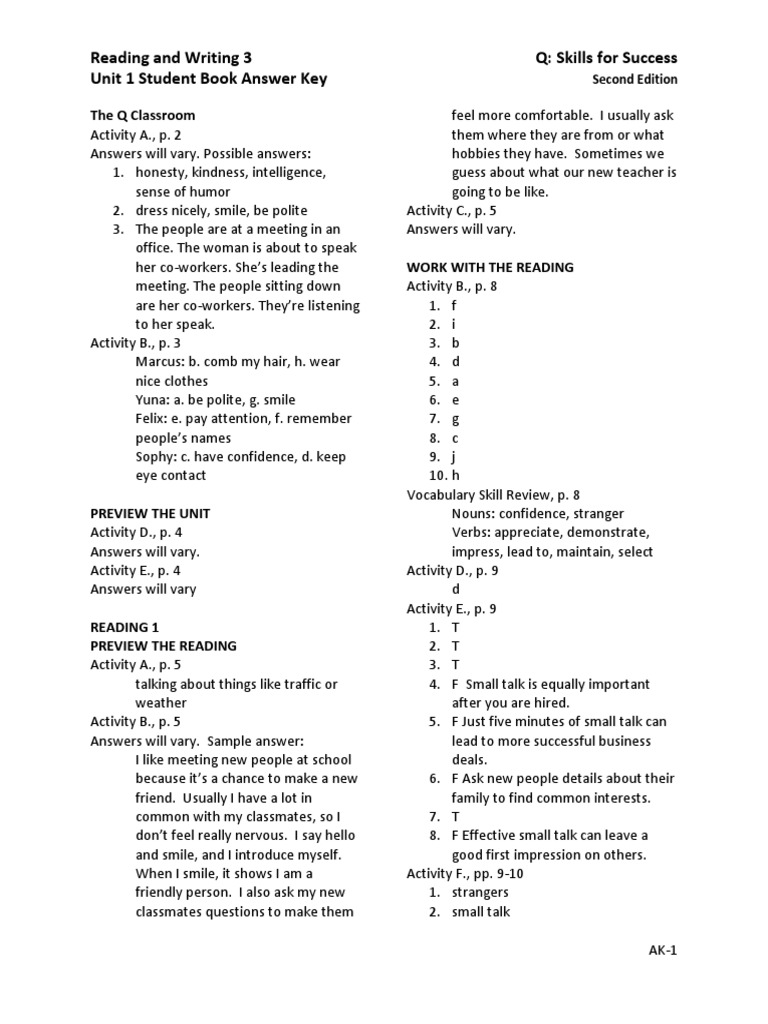 U01 Answerkey Reading 1 Pdf Cognition Psychology