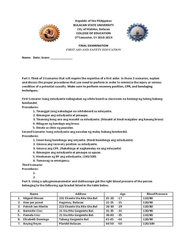 Bulacan State University College of Education First Aid and Safety