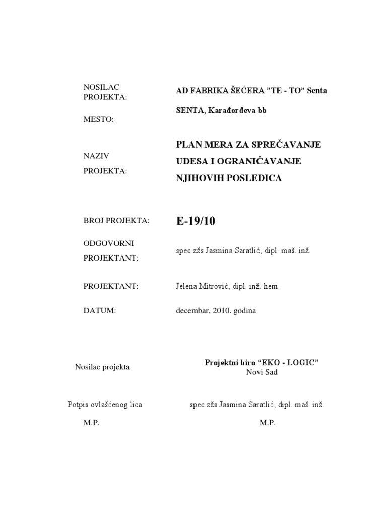 Plan Mera Za Sprecavanje Udesa PDF | PDF