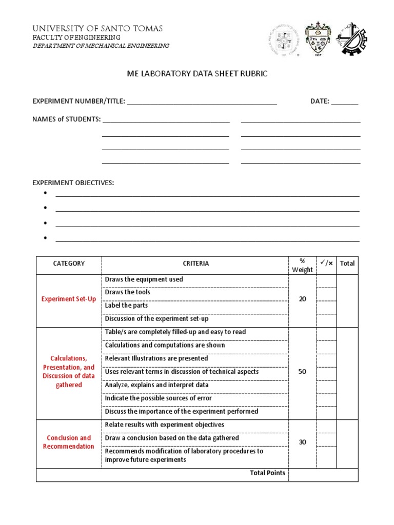 ME Lab Data Sheet Rubric Guide | PDF | Experiment | Data