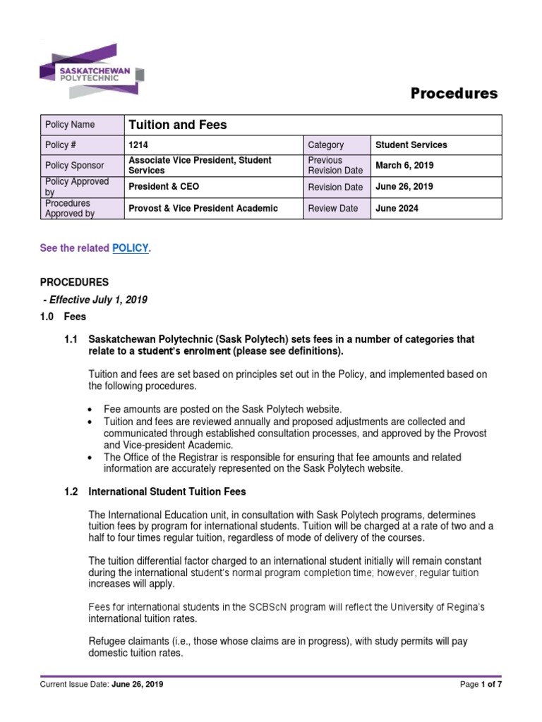 Saskatchewan Polytechnic Tuition Policy | PDF | Fee | Tuition Payments