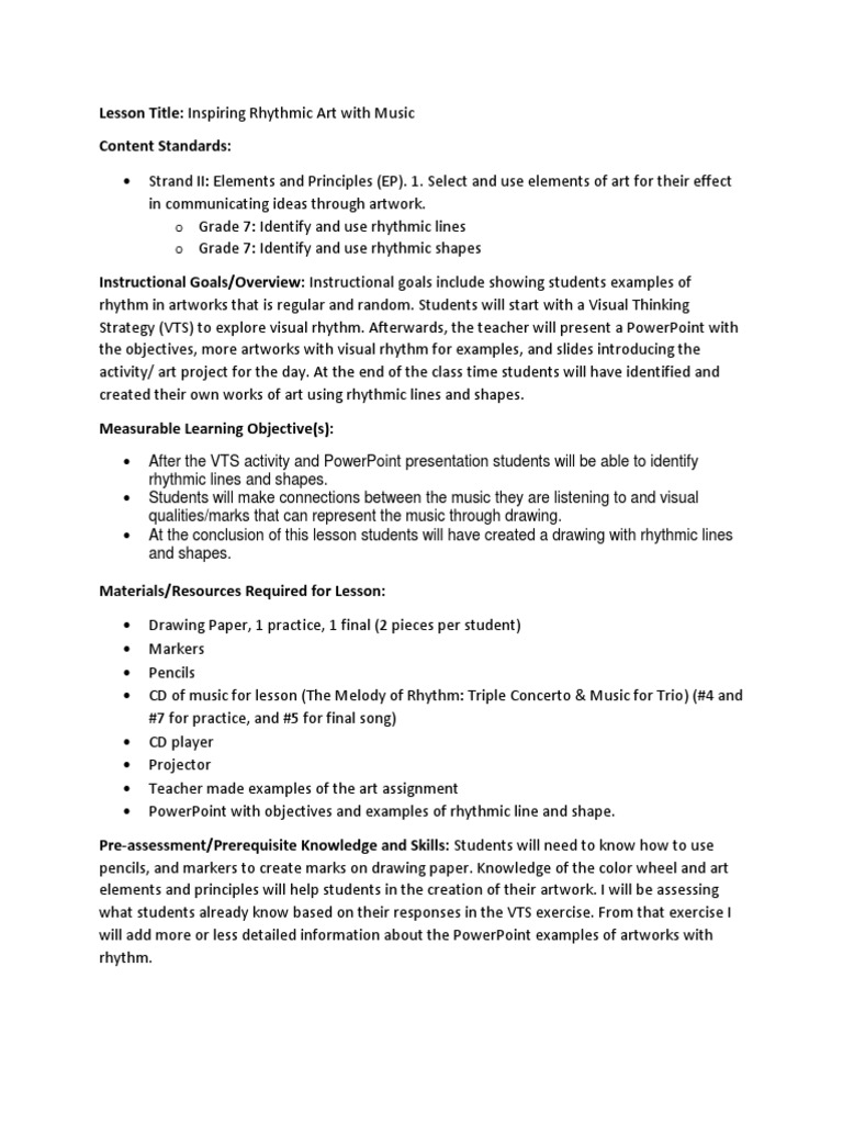 Alexis Dwyer Lesson Plan Example Rhythm And Music Rhythm Drawing