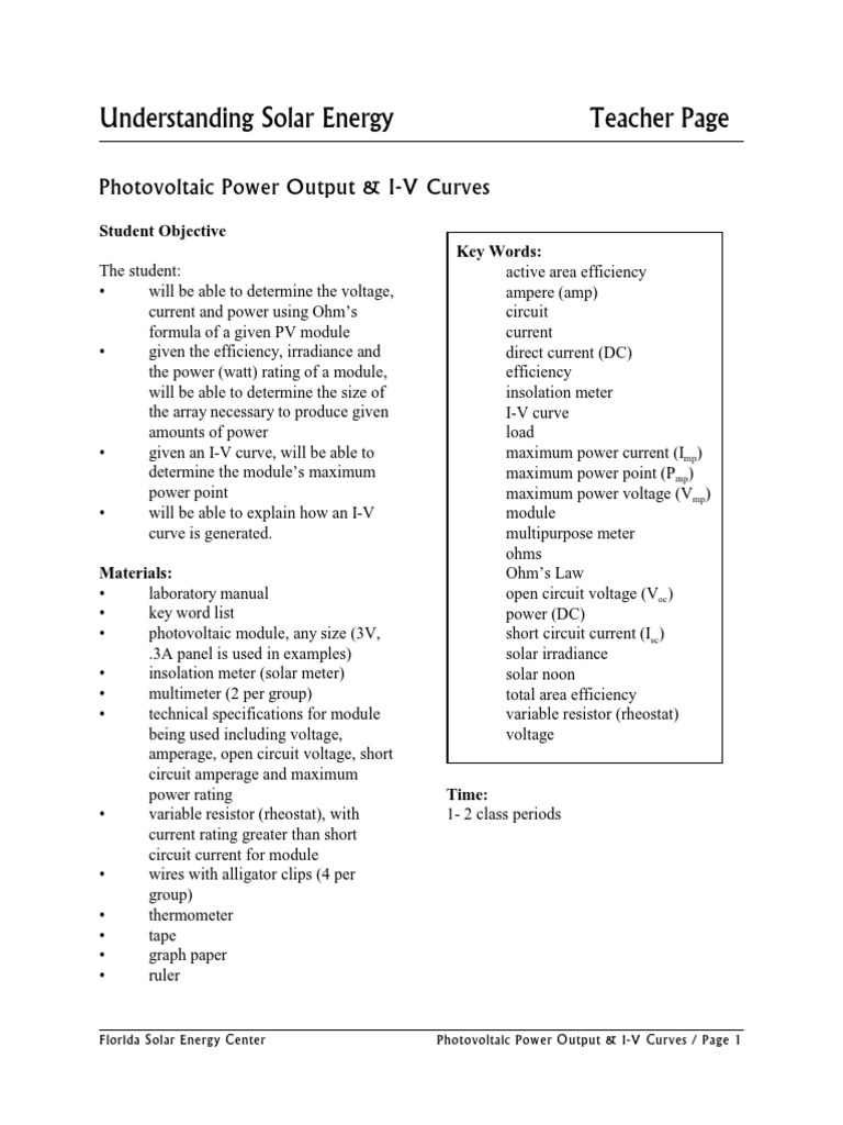 Photovoltaic Power Output Lab Guide | PDF | Photovoltaic System ...