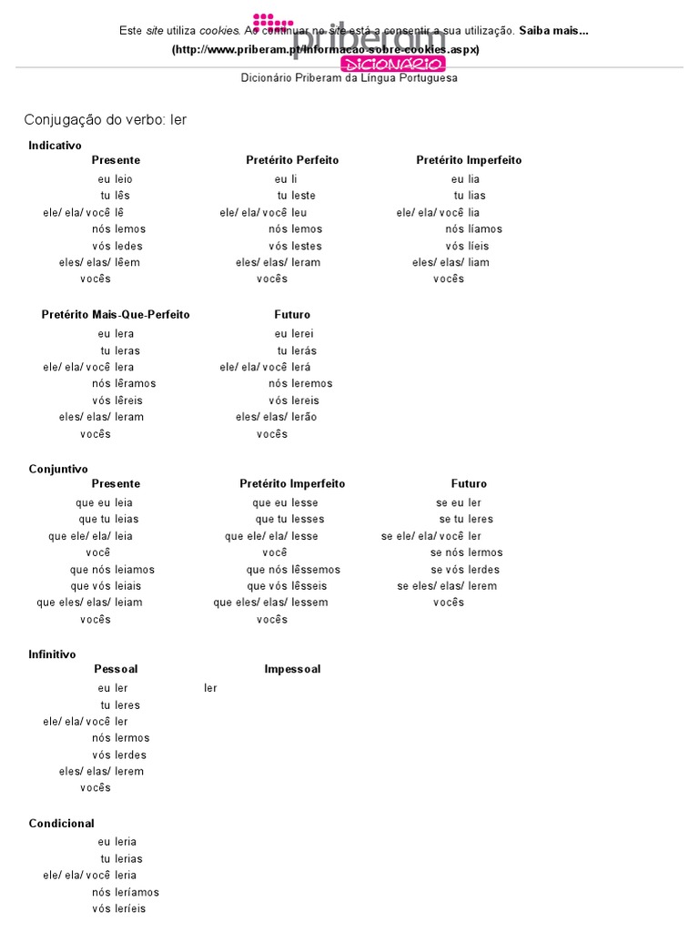 Conjugação Do Verbo Ler No Dicionário Priberam | PDF | Sintaxe | Morfologia