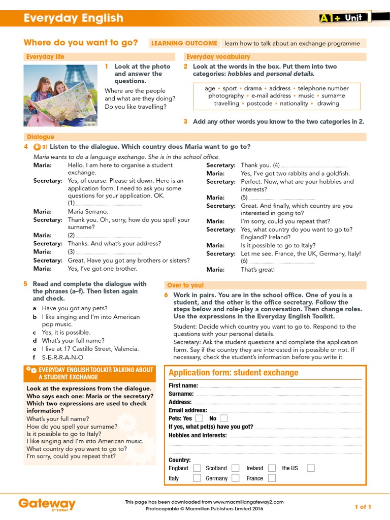 Gateway A1+ Teacher's Resources UNIT 1 Everyday English | PDF ...