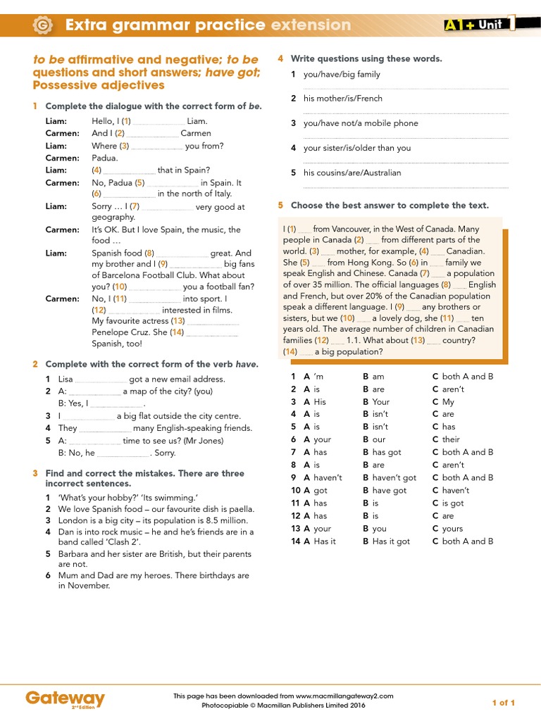Gateway A1+ Teacher's Resources UNIT 1 Extra Grammar Practice Extension ...