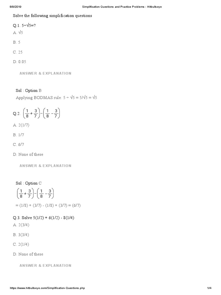Simplification Questions for Practice | PDF | Teaching Mathematics