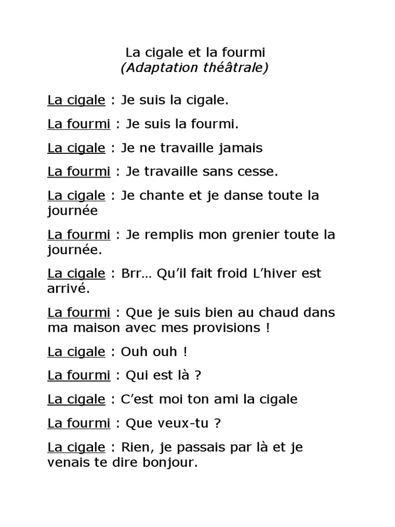La Cigale Et La Fourmi Texte à Imprimer La Cigale Et La Fourmi Adaptation Thtrale | PDF