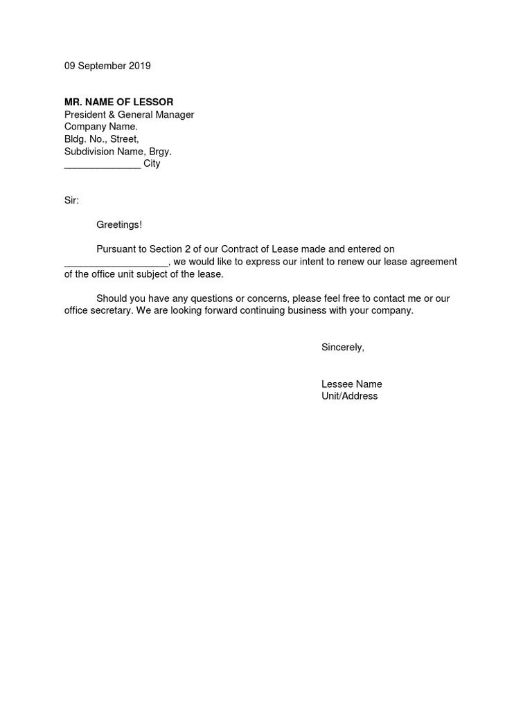 Renewal Of Lease Letter Pdf