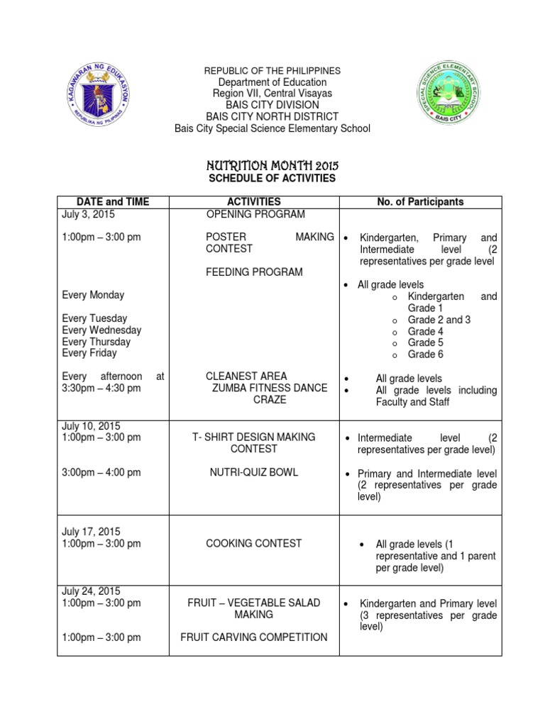 Nutrition Month Activities Schedule 2015 | PDF | Learning | Schools