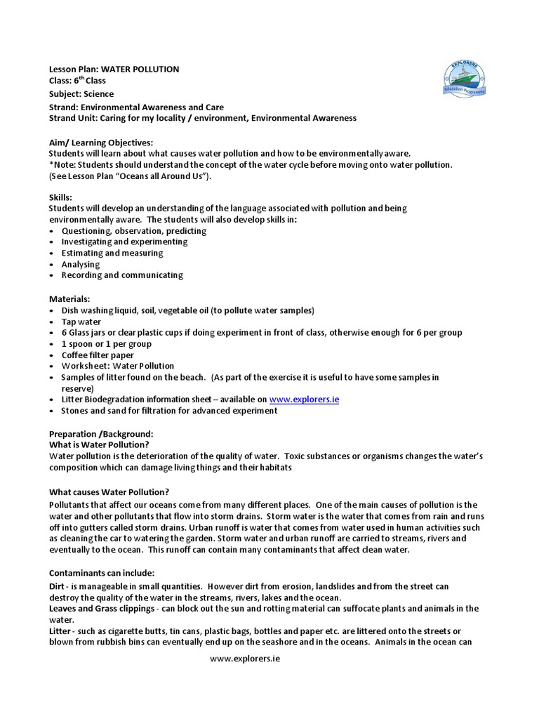 Lesson Plan and Work Sheet - Science - Water Pollution - 191213 PDF ...
