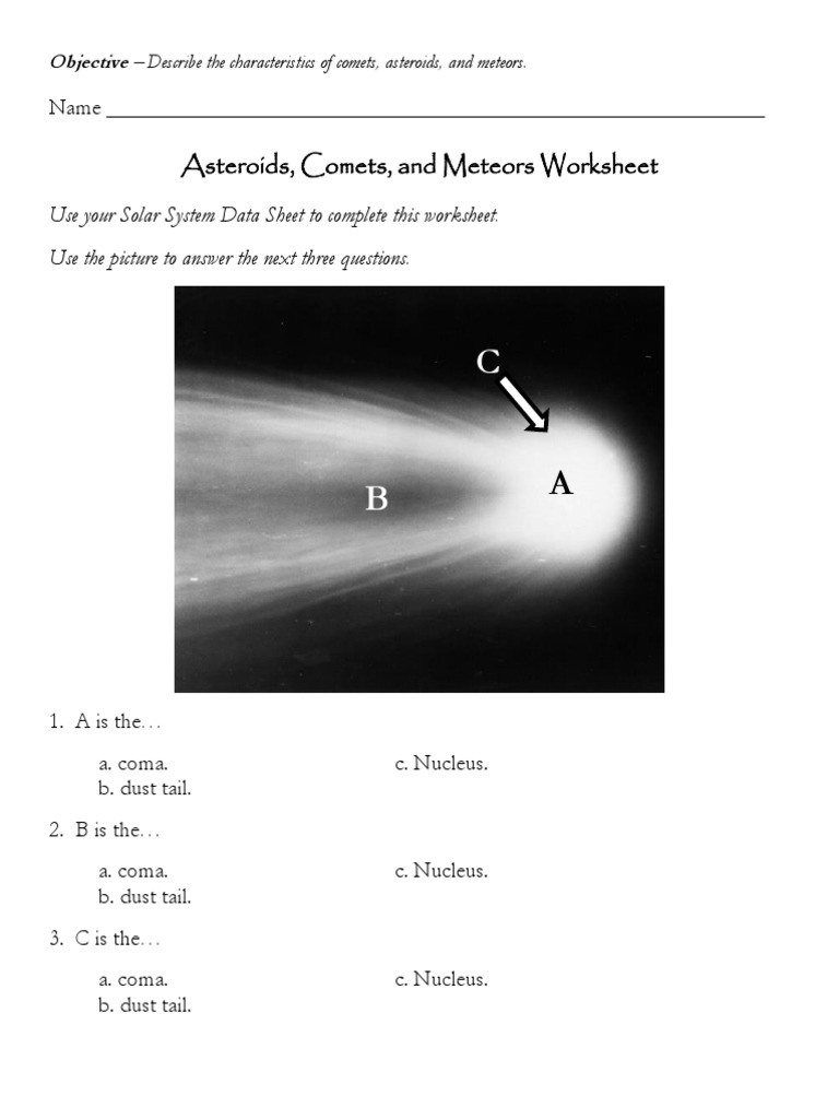 Asteroids, Comets, and Meteors Worksheet | PDF | Comet | Meteoroid