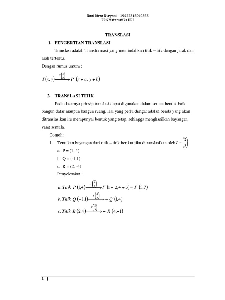 Pengertian dan Contoh Translasi Matematika | PDF