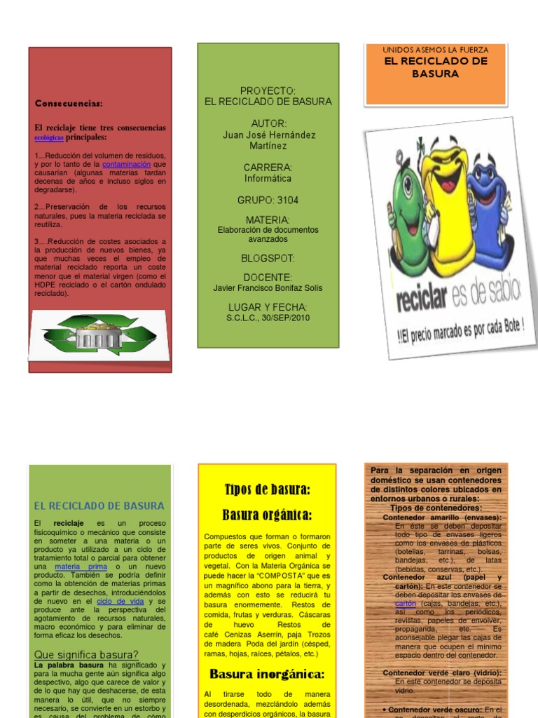 Tríptico sobre el reciclaje infantil | PDF | Reciclaje | Residuos
