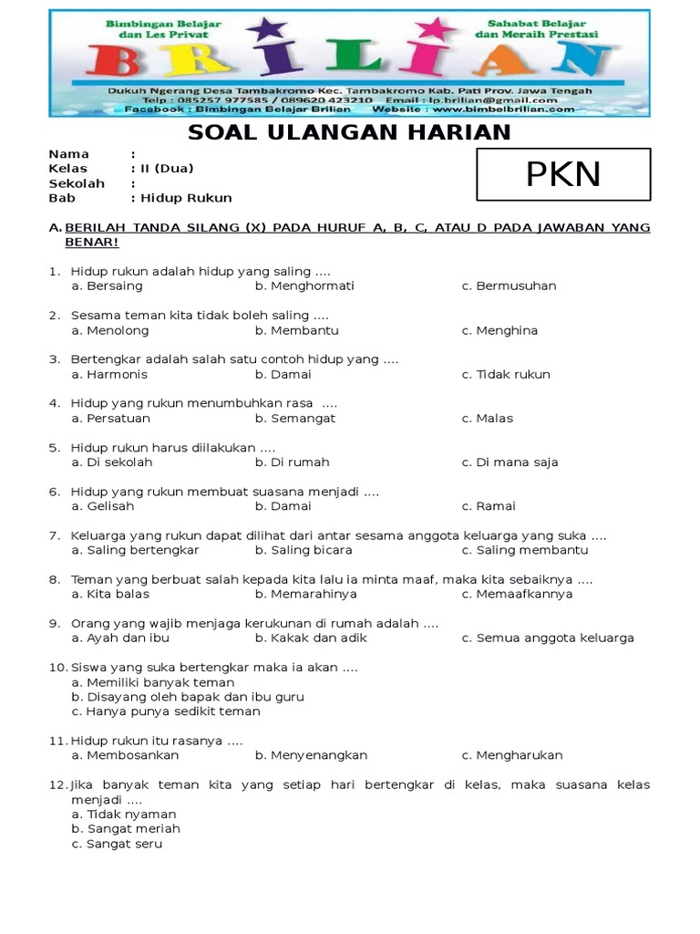 Soal Pkn Kelas 2 Sd Bab 1 Hidup Rukun Dan Kunci Jawaban Www Bimbelbrilian Com Pdf