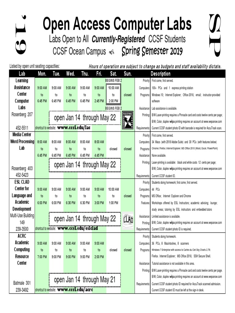 CCSF Spring 2019 Open Access Computer Lab Schedule Resources, Hours of