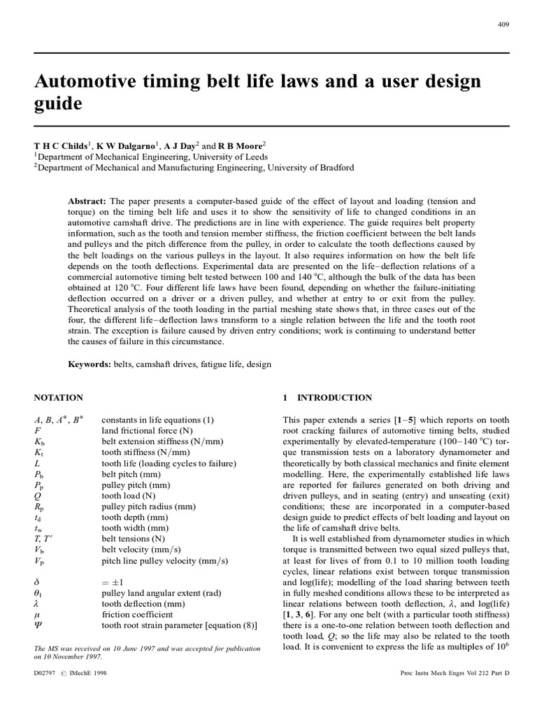 Automotive Timing Belt Life Laws and A User Design Guide PDF Belt (Mechanical) Mechanical
