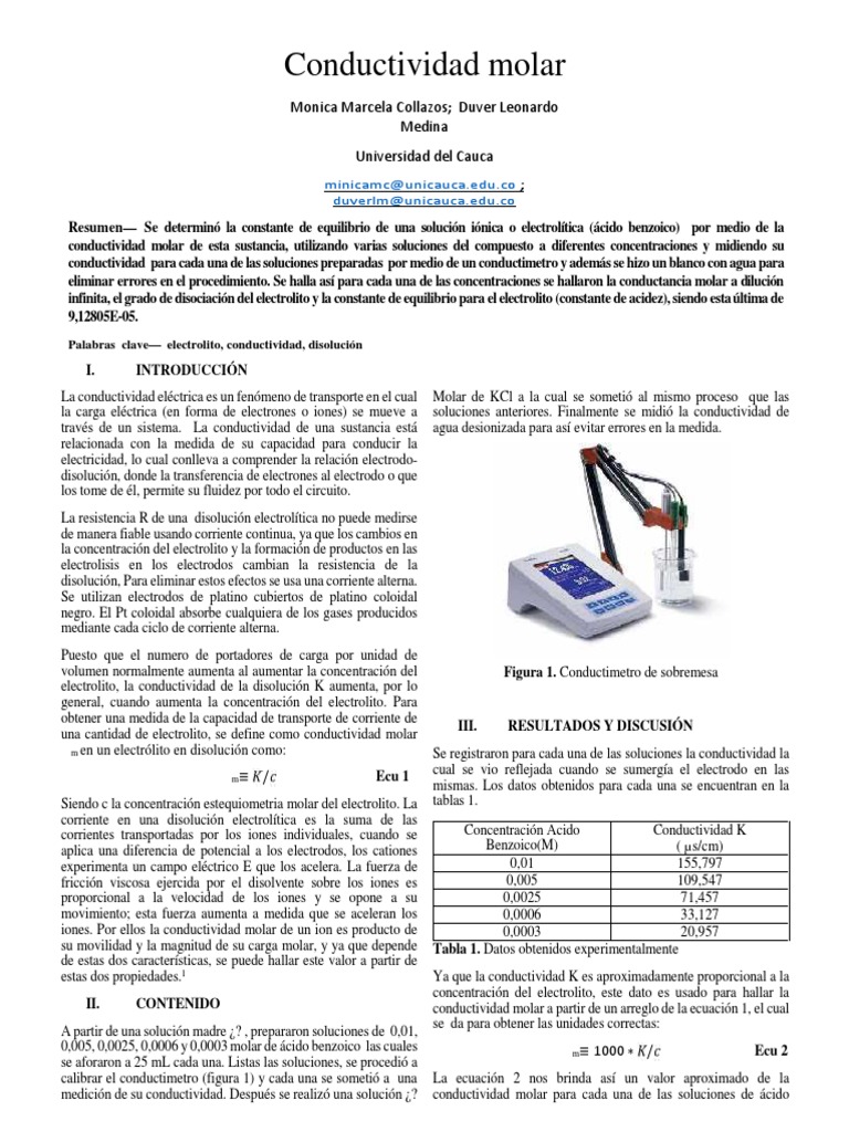 Conductividad Molar PDF Concentración Equilibrio químico