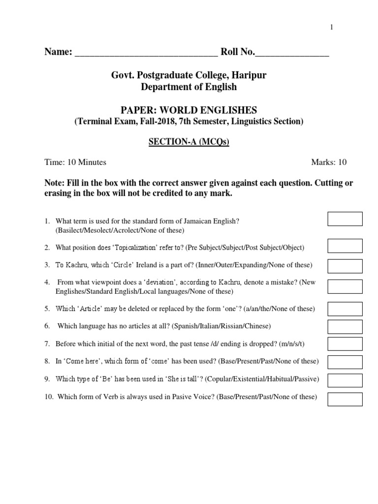 Linguistics Exam: World Englishes | PDF