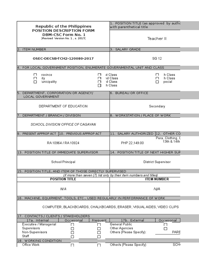 Position Description Form (Excel) PDF Vocational Education Learning
