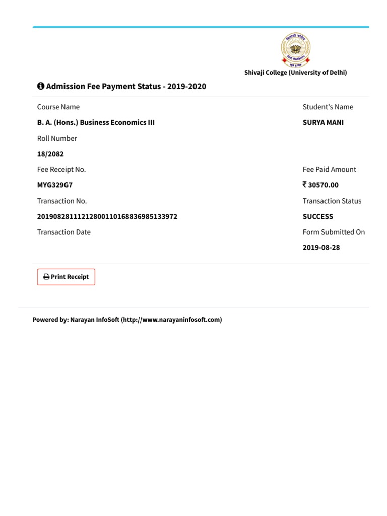Admission Fee Payment Status - 2019-2020: Course Name Student's Name | PDF