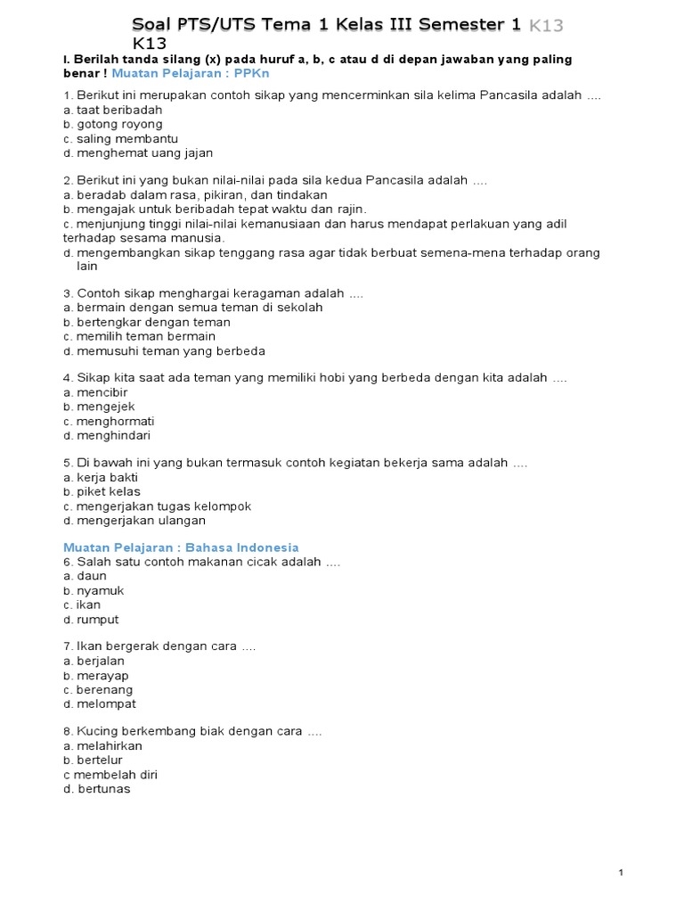 Soal Latihan Pts Tematik Kelas 3 Sd