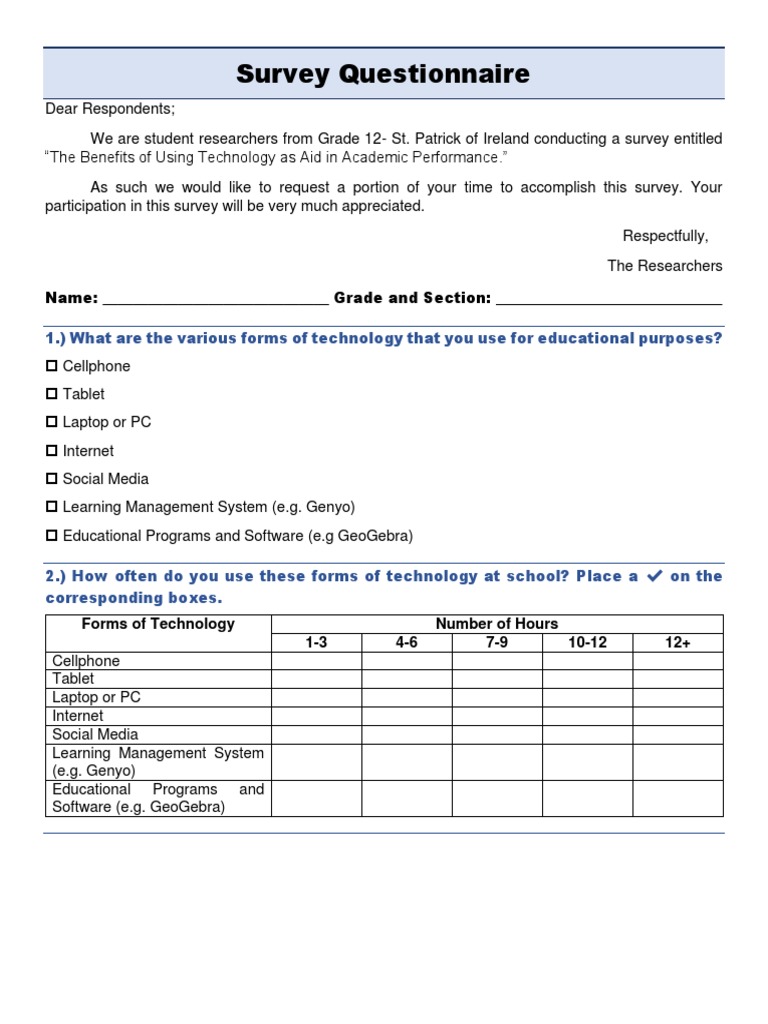 Survey Questionnaire: Name: - Grade and Section | PDF | Social Media ...