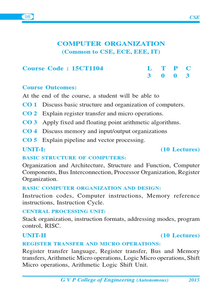 Computer Organization: Course Code: 15CT1104 L T P C 3 0 0 3 | PDF ...