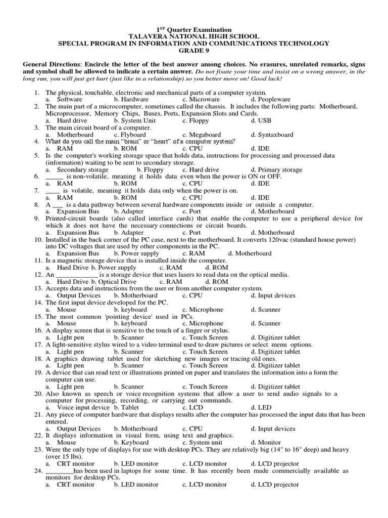 Grade 9 ICT 1st Quarter Exam Review | PDF | Computer Monitor | Personal ...