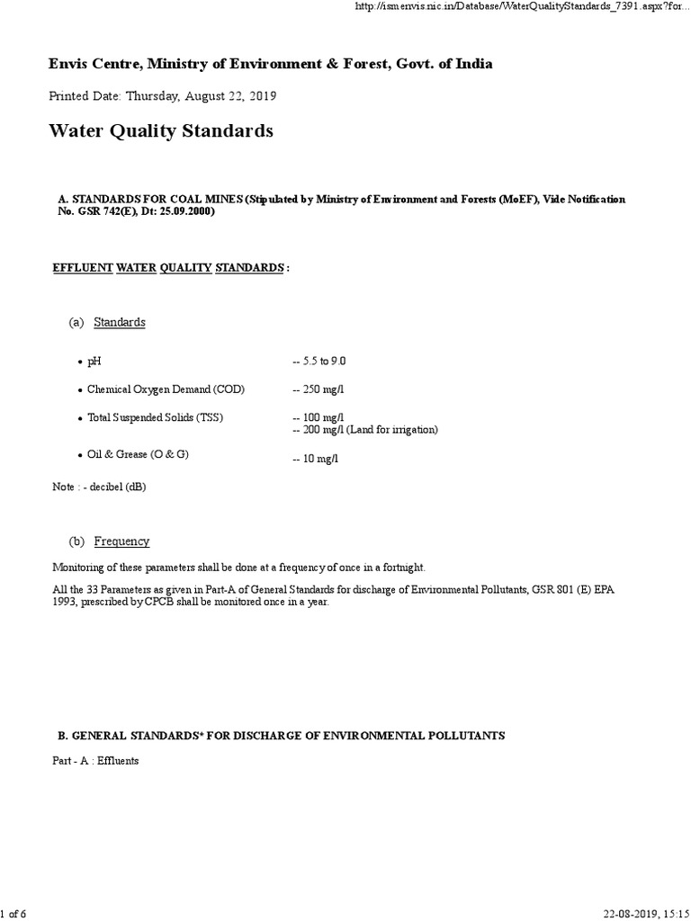 Water Quality Standards in India for Effluents, Drinking Water, and
