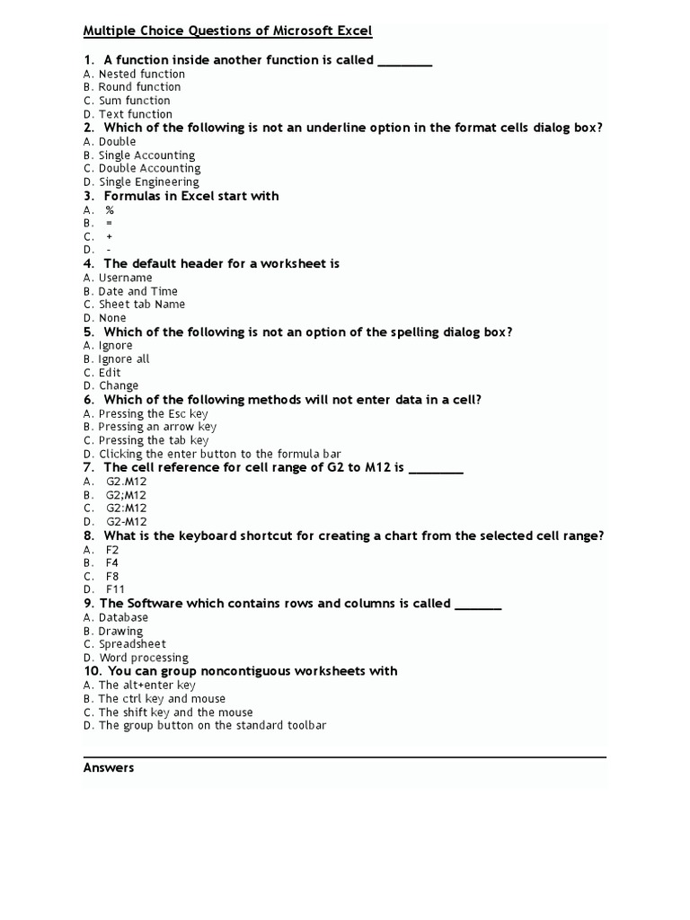 Microsoft Excel MCQ Exam Questions | PDF | Spreadsheet | Microsoft Excel