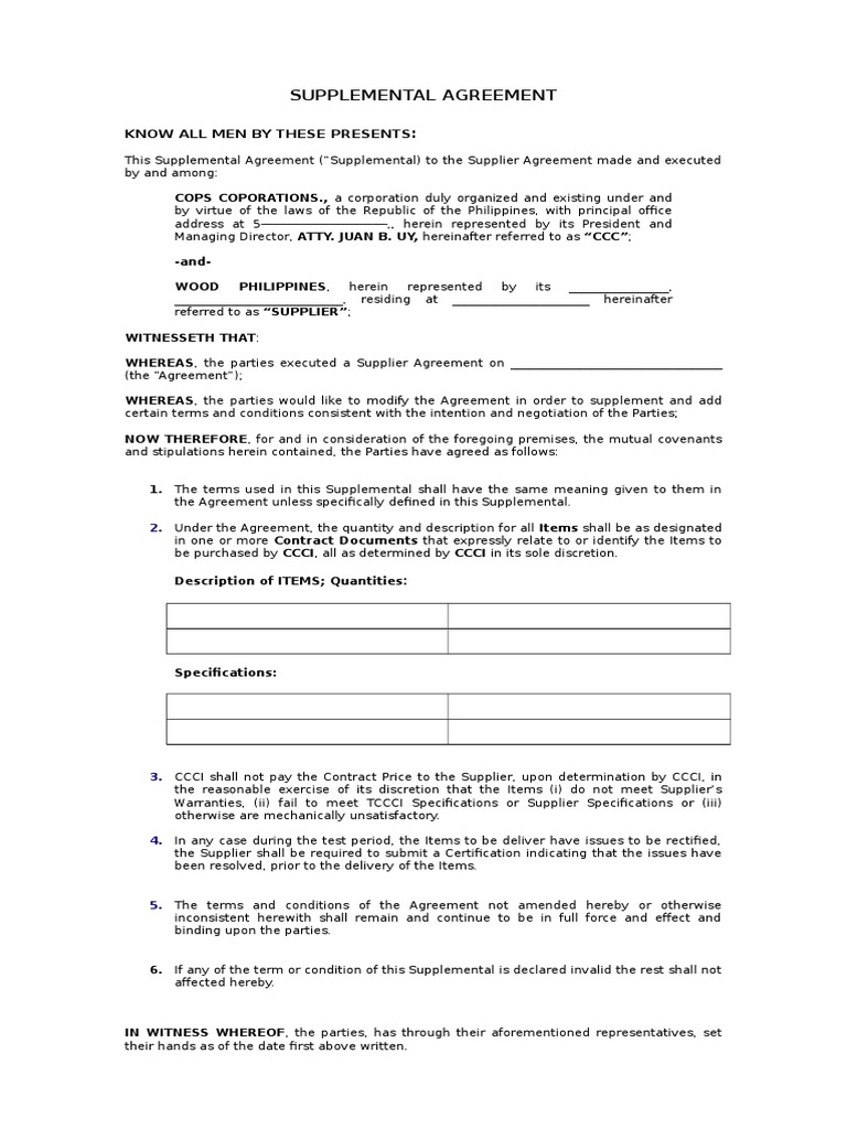 Supplemental Agreement-Supplier Agreement | PDF | Civil Law (Legal