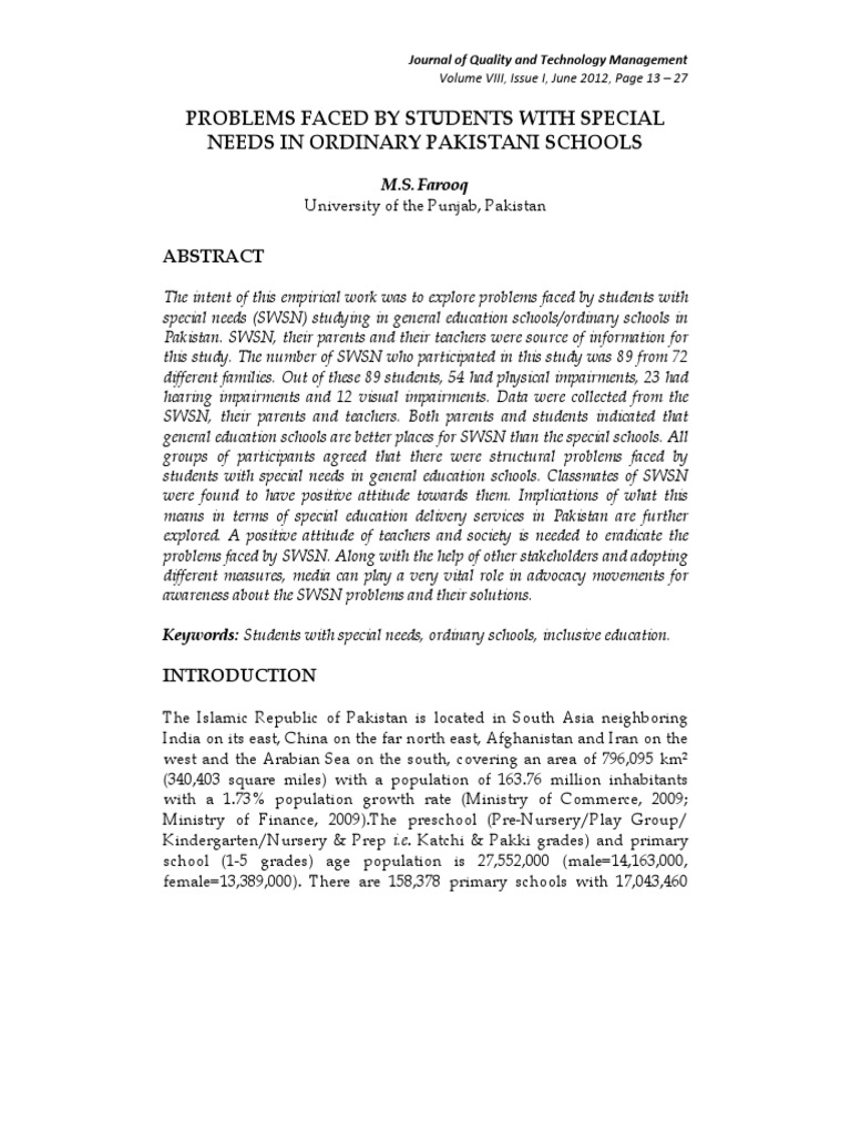 Challenges for Special Needs Students in Pakistan | PDF | Special ...
