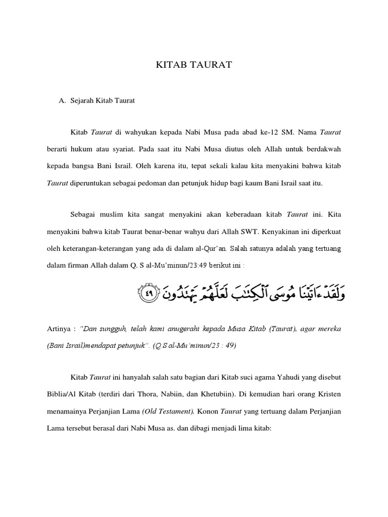 Kitab Taurat Taurat Diperuntukan Sebagai Pedoman Dan Petunjuk Hidup Bagi Kaum Bani Israil Saat Itu