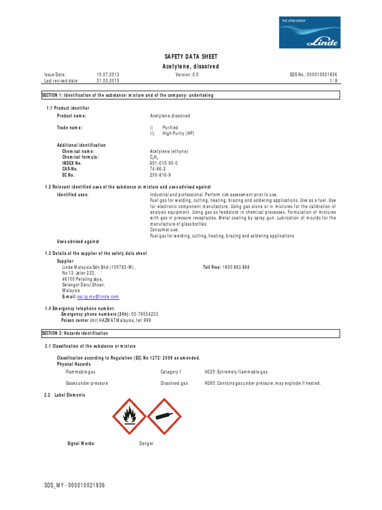 Safety Data Sheet Acetylene, Dissolved SDS MY 000010021936 PDF
