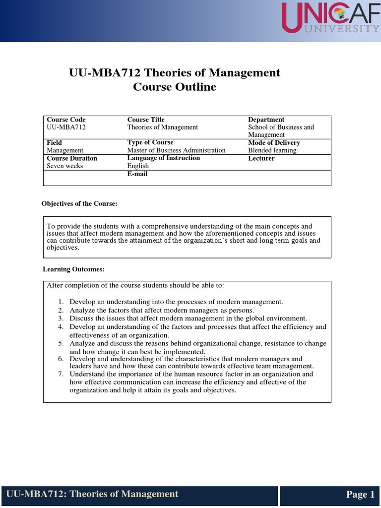 Theories of Management Course Outline | PDF | Goal | Leadership