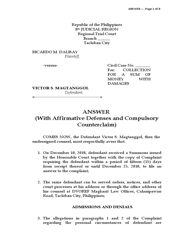 Answer (With Affirmative Defenses and Compulsory Counterclaim
